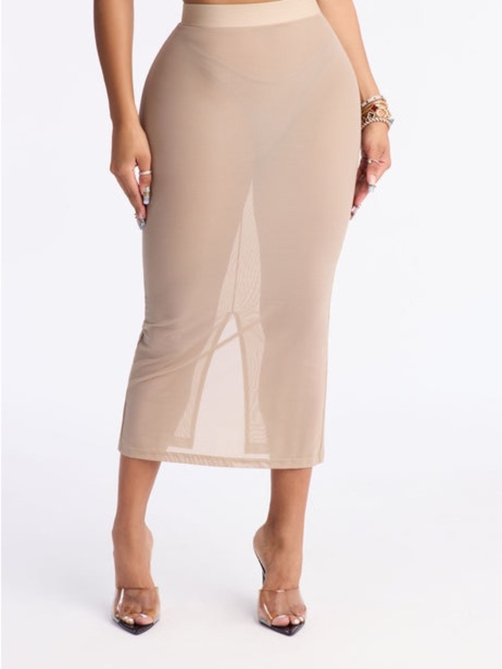 Fashion Nova Beige Sheer Midi Skirt